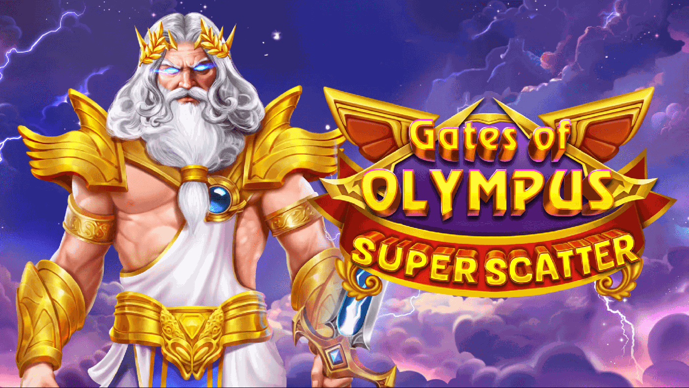 Marmorartige Szene aus Gates of Olympus Super Scatter: Zeus zwischen rosa und violetten Wolken ueber dem goldgerahmten 6x5 Walzenfeld mit blauem Diamant, goldenem Sechseck und violettem Federsymbol